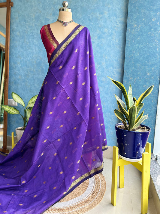 Handwoven Purple with Magenta Cotton Silk Sari