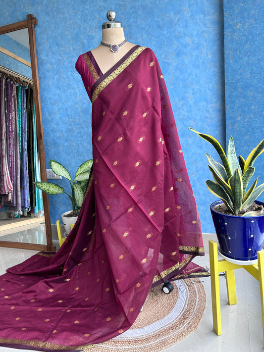 Handwoven  Maroon with Magenta Cotton Silk Sari