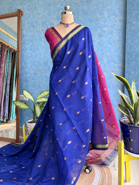 Handwoven Blue with Magenta Cotton Silk Sari