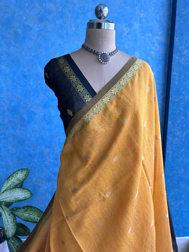 Handwoven Turmeric with Black Cotton Silk Sari