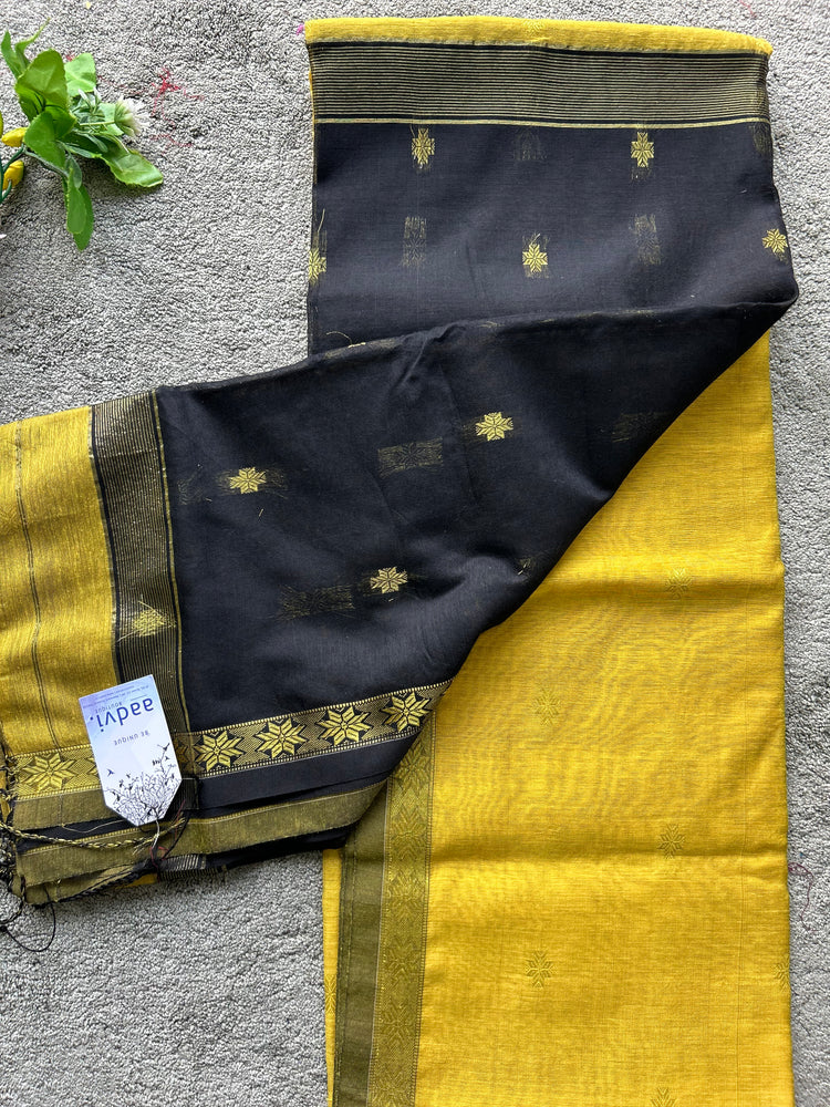 Handwoven Mustard with Black Cotton Silk Saree