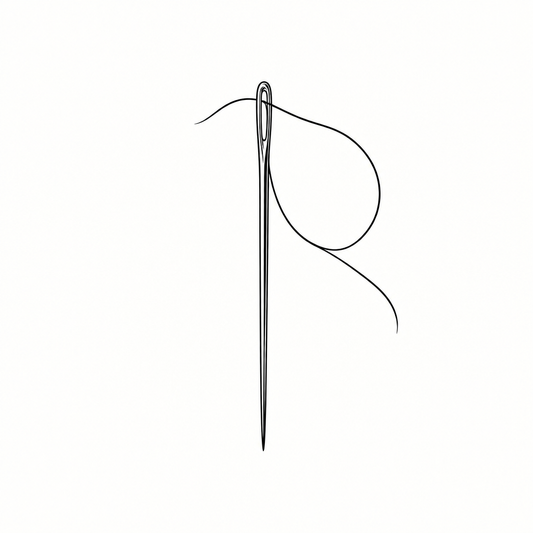 Line-art illustration of a sewing needle and thread