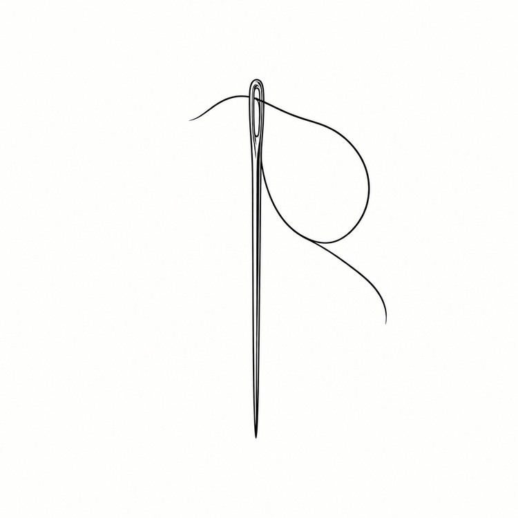 Line-art illustration of a sewing needle and thread