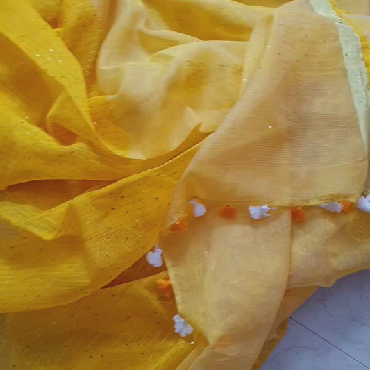 Beautiful Handwoven Yellow Linen Resham Sari with sequins