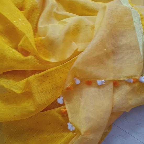 Beautiful Handwoven Yellow Linen Resham Sari with sequins — view 2