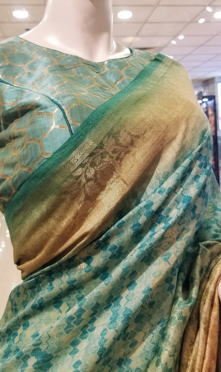 Handwoven Pure Muga Silk  Banarasi Sari with Digital Print in shades of Sea blue on Golden