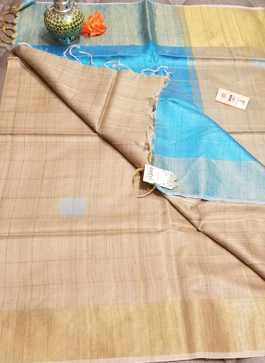 Handwoven Pure Tussar Silk with Base Color and sky blue Pallu