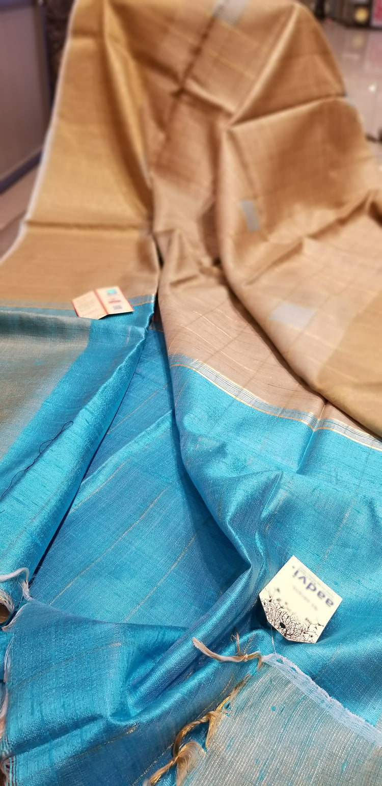 Handwoven Pure Tussar Silk with Base Color and sky blue Pallu