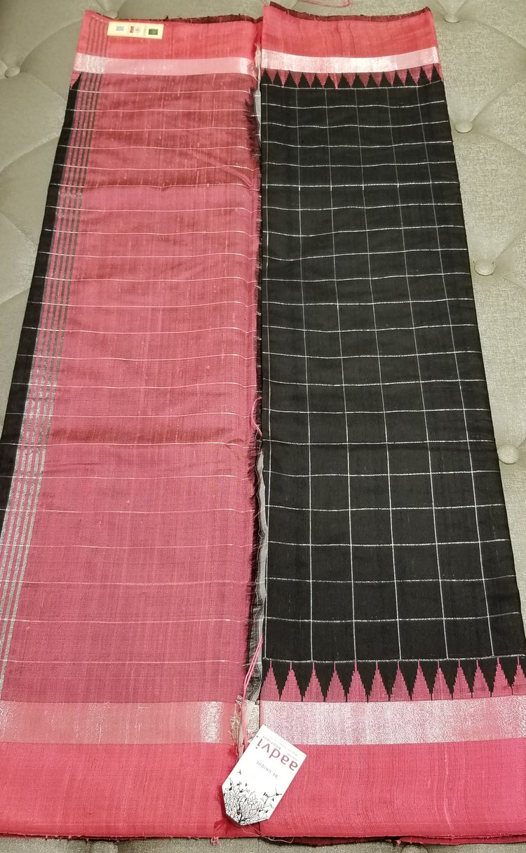 Black Handwoven Pure Raw Silk with Rouge Pink temple border