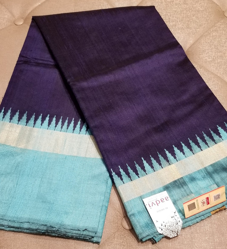 Deep Blue Handwoven Pure Raw Silk with baby blue temple border