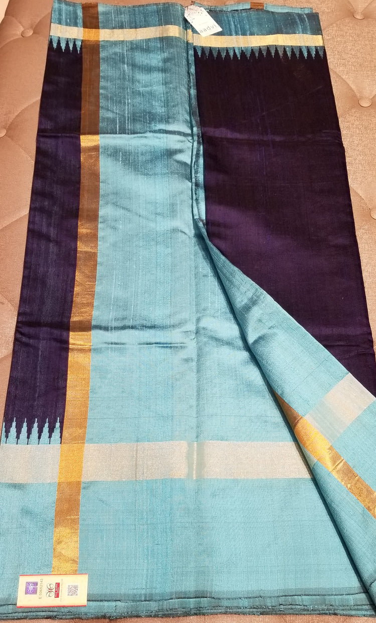 Deep Blue Handwoven Pure Raw Silk with baby blue temple border
