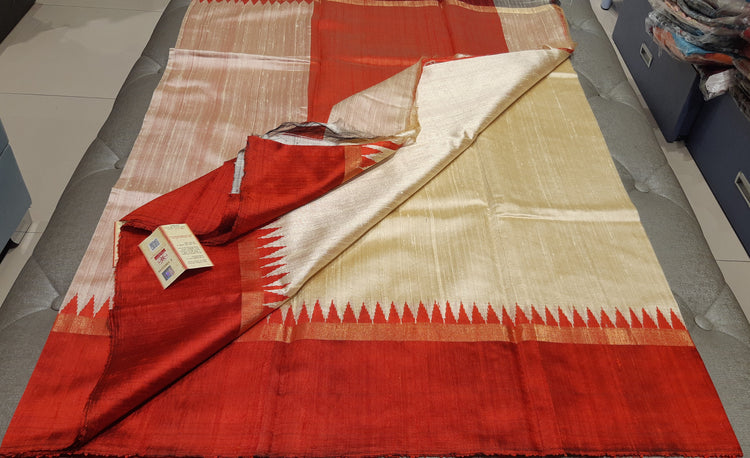 Orangish Red Handwoven Pure Raw Silk with red temple border