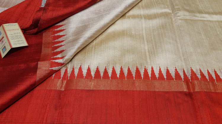 Orangish Red Handwoven Pure Raw Silk with red temple border
