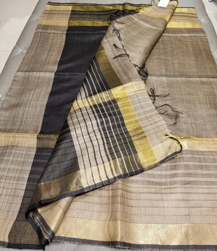 Golden Beige Handwoven Pure Tussar Silk with black pallu