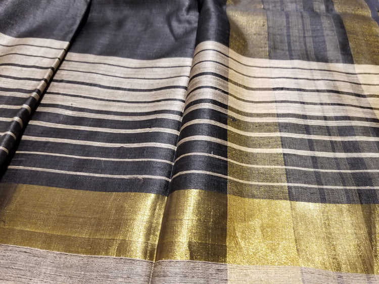 Golden Beige Handwoven Pure Tussar Silk with black pallu