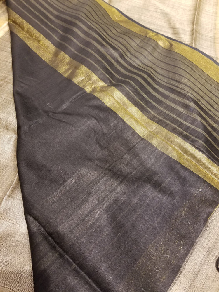 Golden Beige Handwoven Pure Tussar Silk with black pallu