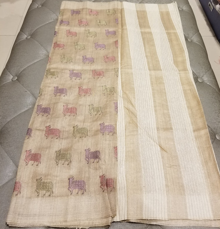 Beige Handwoven Pure Tussar Silk with embroidered work