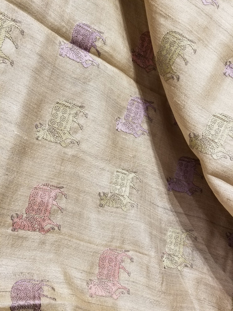 Beige Handwoven Pure Tussar Silk with embroidered work
