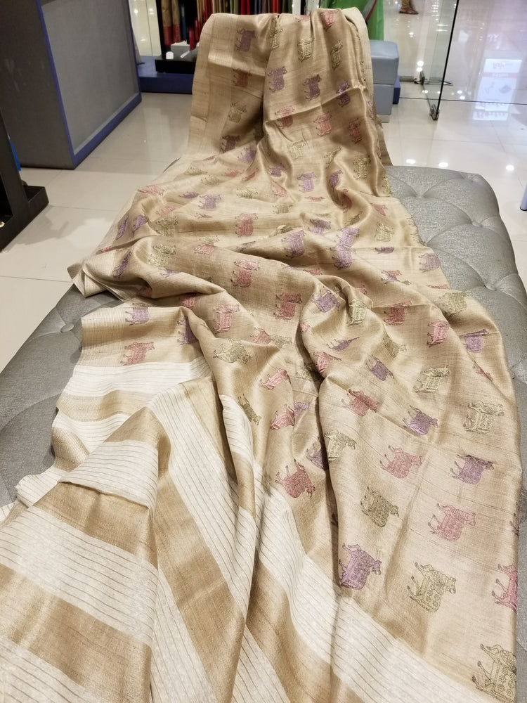 Beige Handwoven Pure Tussar Silk with embroidered work