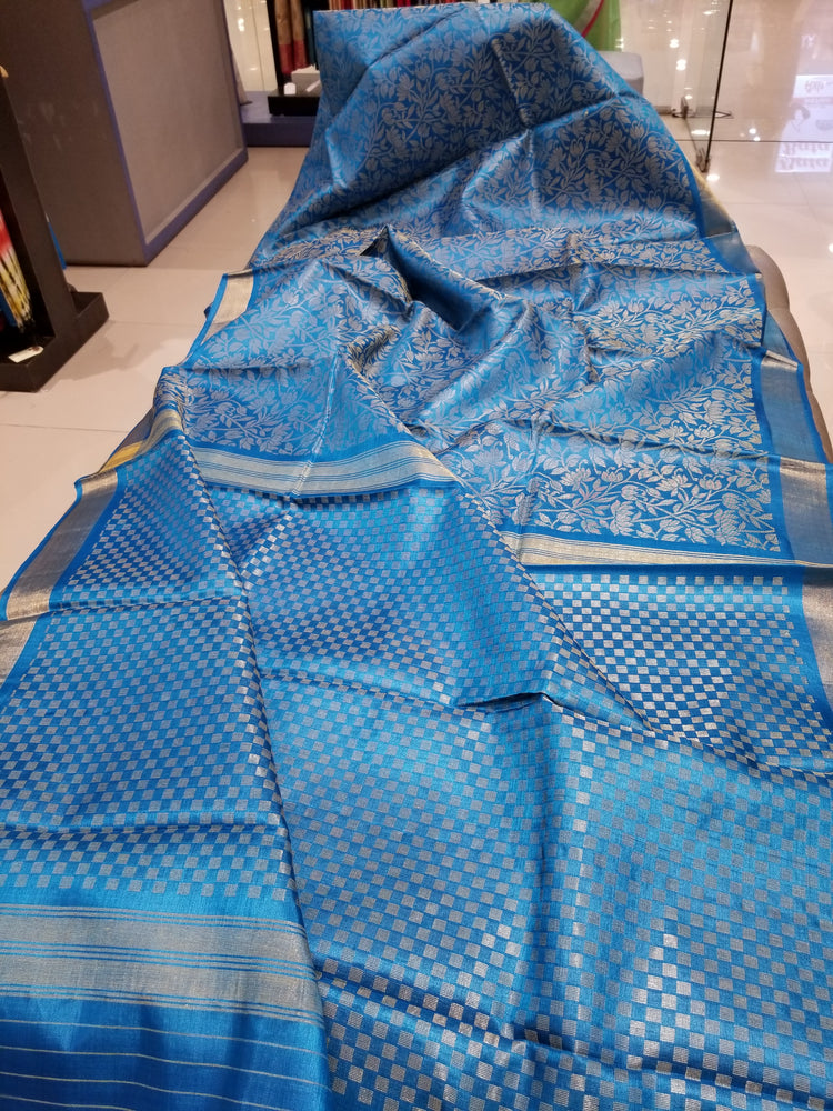 Azure Blue Handwoven Pure Tussar Silk with allover floral zari work