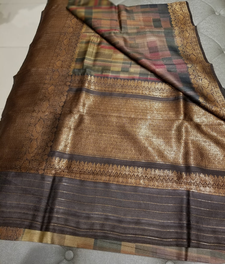 Digital print on Pure Tussar Silk with Banarasi Border