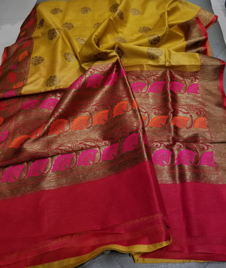 Mustard-Yellow Handwoven Pure Tussar Silk with Banarasi Border