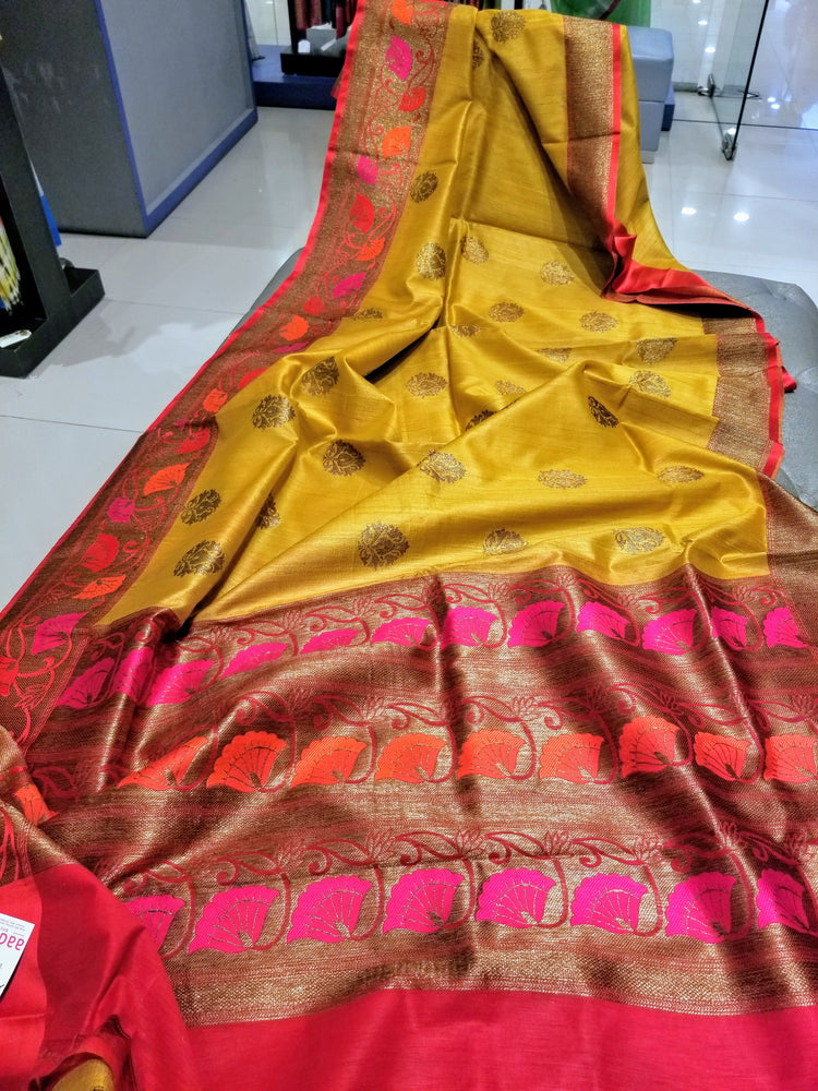 Mustard-Yellow Handwoven Pure Tussar Silk with Banarasi Border