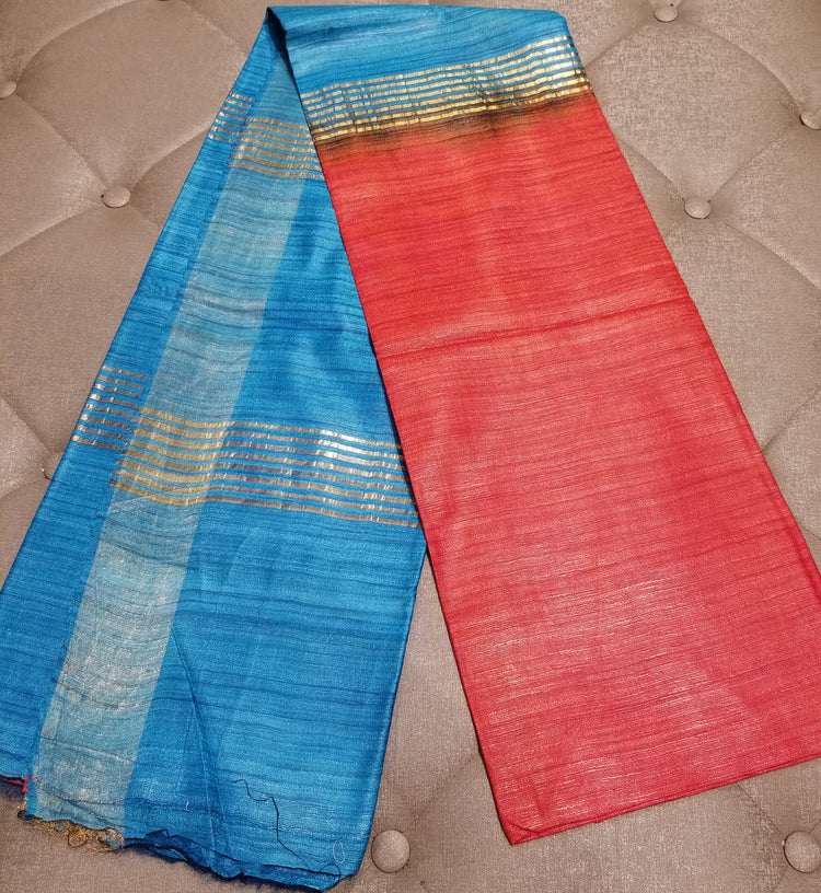 Red Handwoven Ghicha tussar silk with Blue Pallu
