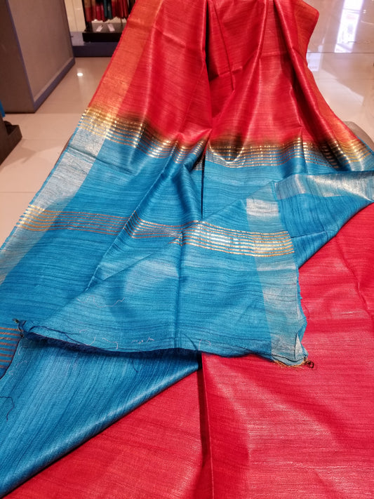 Red Handwoven Ghicha tussar silk with Blue Pallu