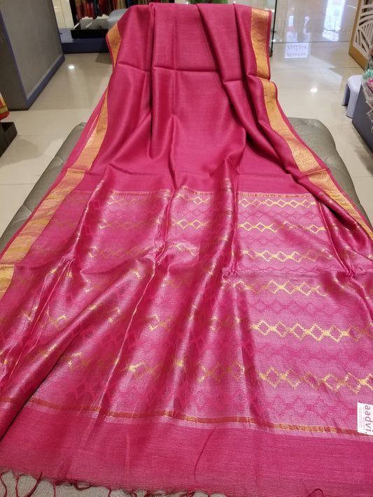 Hot Pink handwoven Noel Tussar silk  with golden border