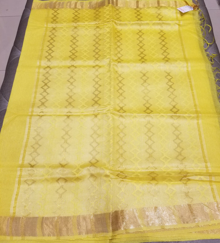 Yellow handwoven Noel Tussar silk  with golden border