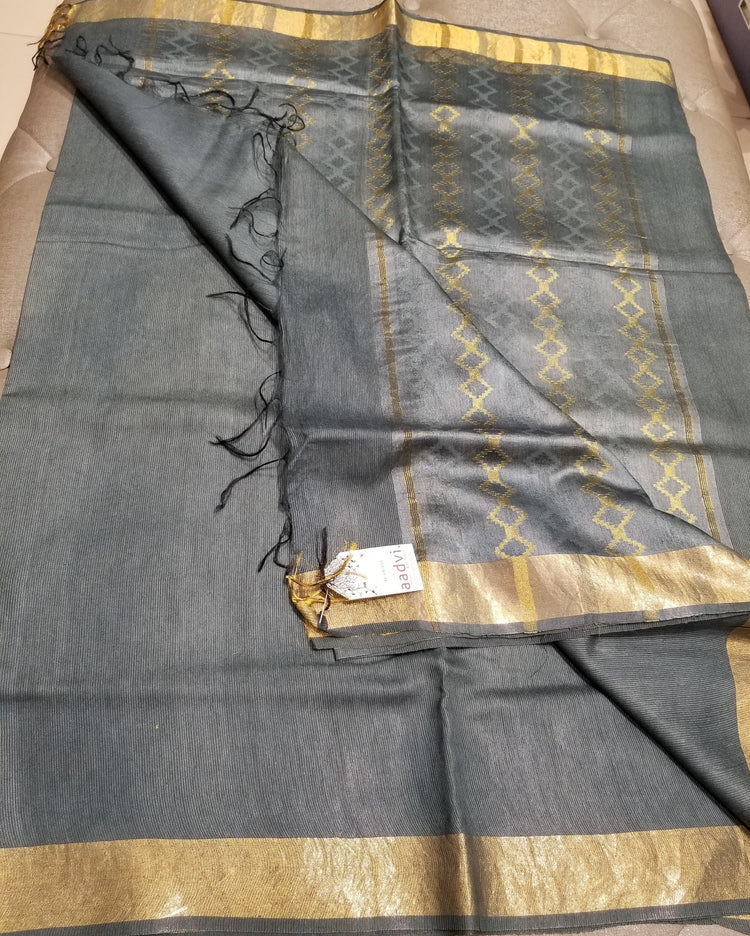 Steel Grey handwoven Noel Tussar silk  with golden border