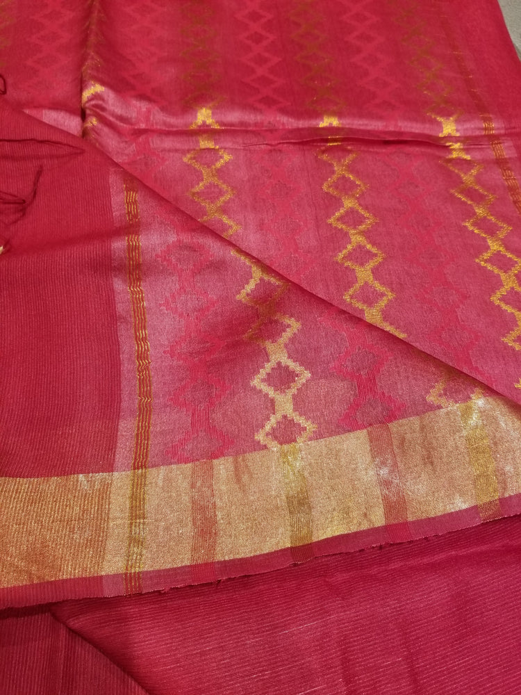 Cherry Red handwoven Noel Tussar silk  with golden border