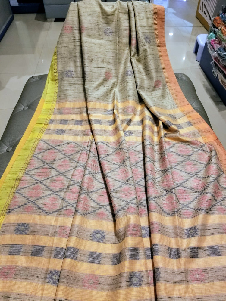 Beige Handwoven Tussar Silk with two shades of border