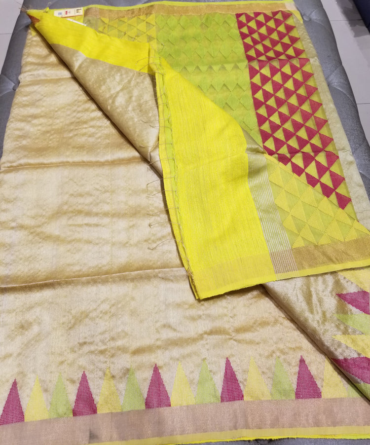 Golden beige handwoven Pure Tussar Silk with triangle pattern pallu