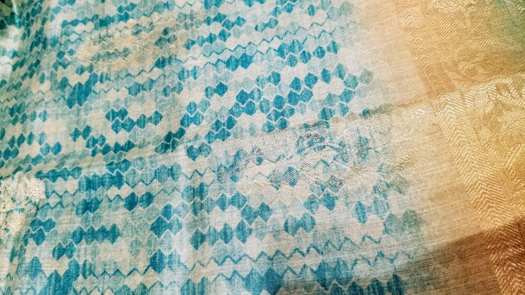Handwoven Pure Muga Silk  Banarasi Sari with Digital Print in shades of Sea blue on Golden