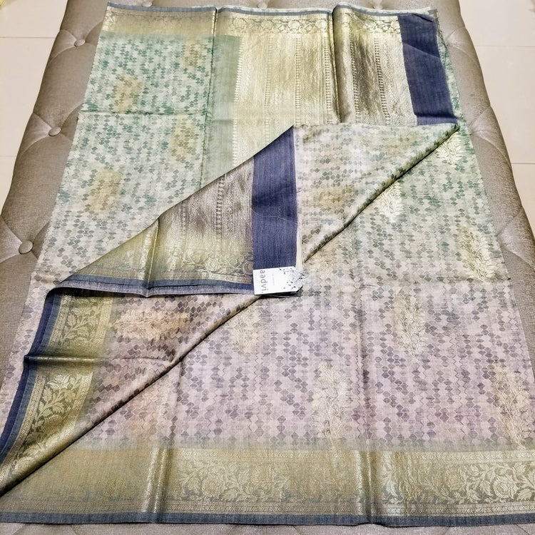 Handwoven Pure Muga Silk  Banarasi Sari with Digital Print in shades of Sea green to grey on Golden