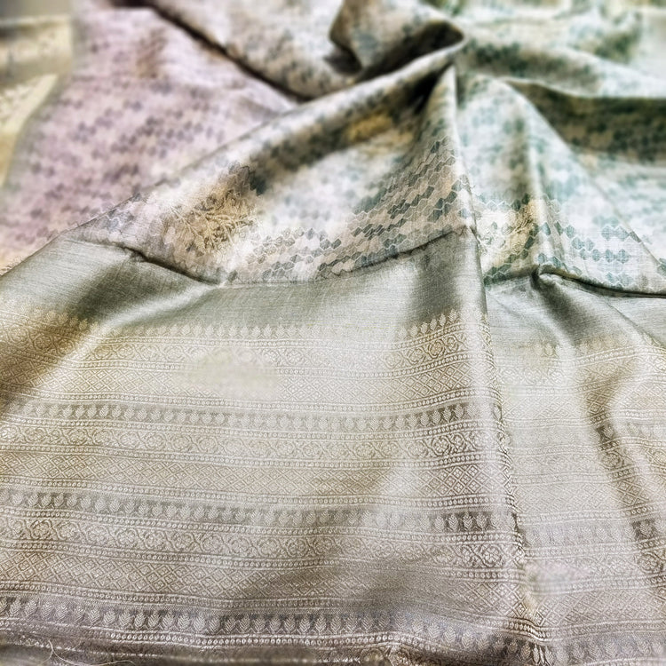 Handwoven Pure Muga Silk  Banarasi Sari with Digital Print in shades of Sea green to grey on Golden