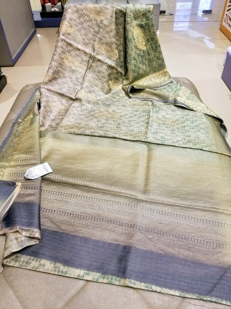 Handwoven Pure Muga Silk  Banarasi Sari with Digital Print in shades of Sea green to grey on Golden