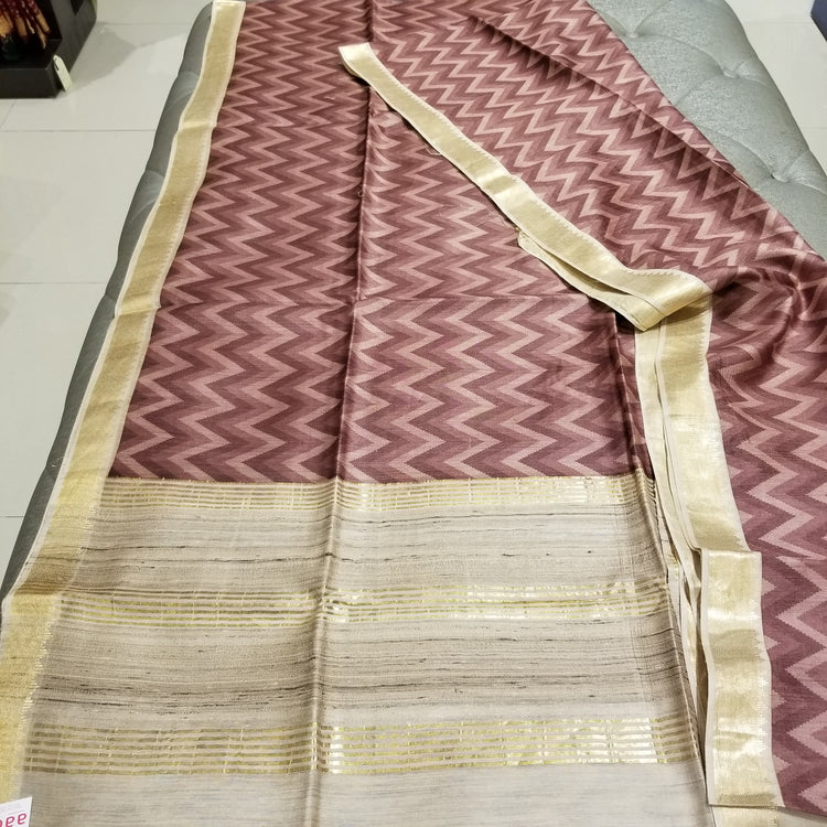 Handwoven Pure Muga Silk Sari in Wine Color with Zig-zag pattern