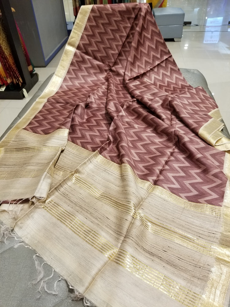 Handwoven Pure Muga Silk Sari in Wine Color with Zig-zag pattern