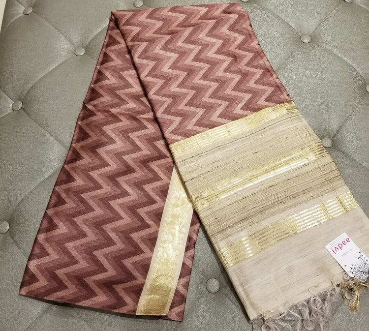 Handwoven Pure Muga Silk Sari in Wine Color with Zig-zag pattern