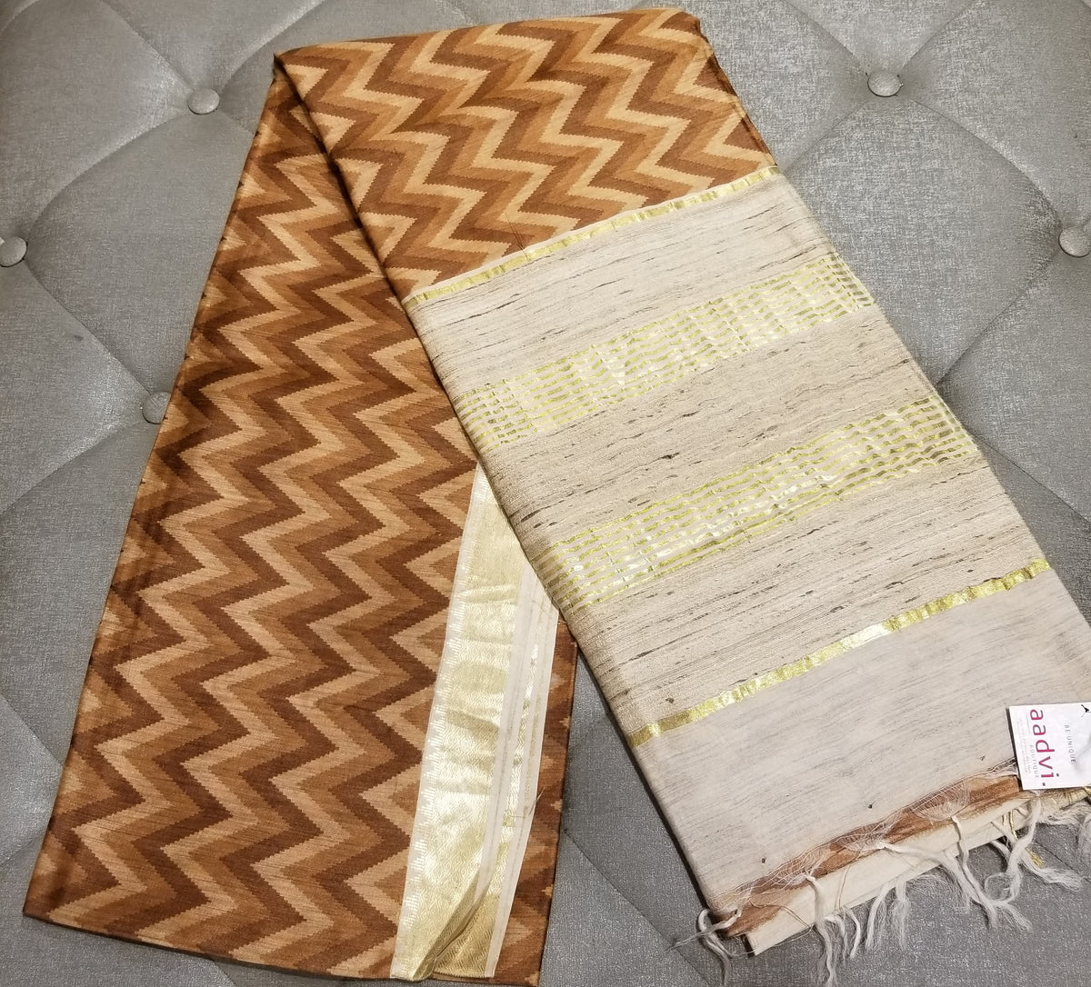 Handwoven Pure Muga Silk Sari in Brown Color with Zig-zag pattern — view 2
