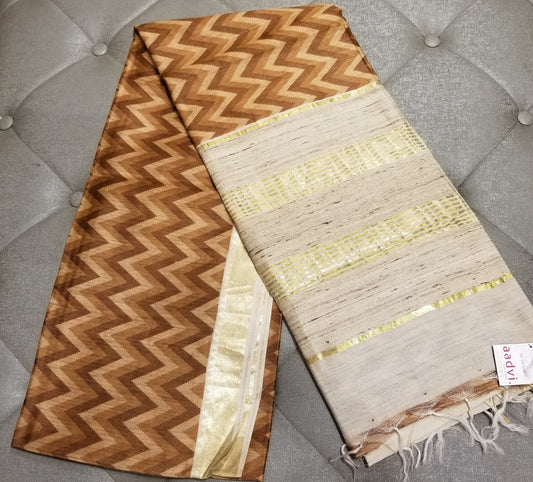 Handwoven Pure Muga Silk Sari in Brown Color with Zig-zag pattern