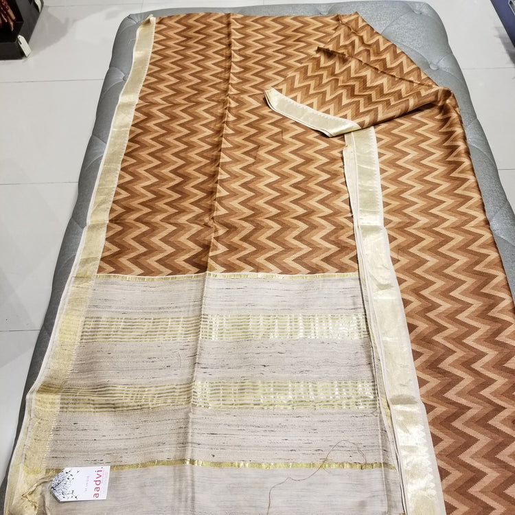Handwoven Pure Muga Silk Sari in Brown Color with Zig-zag pattern