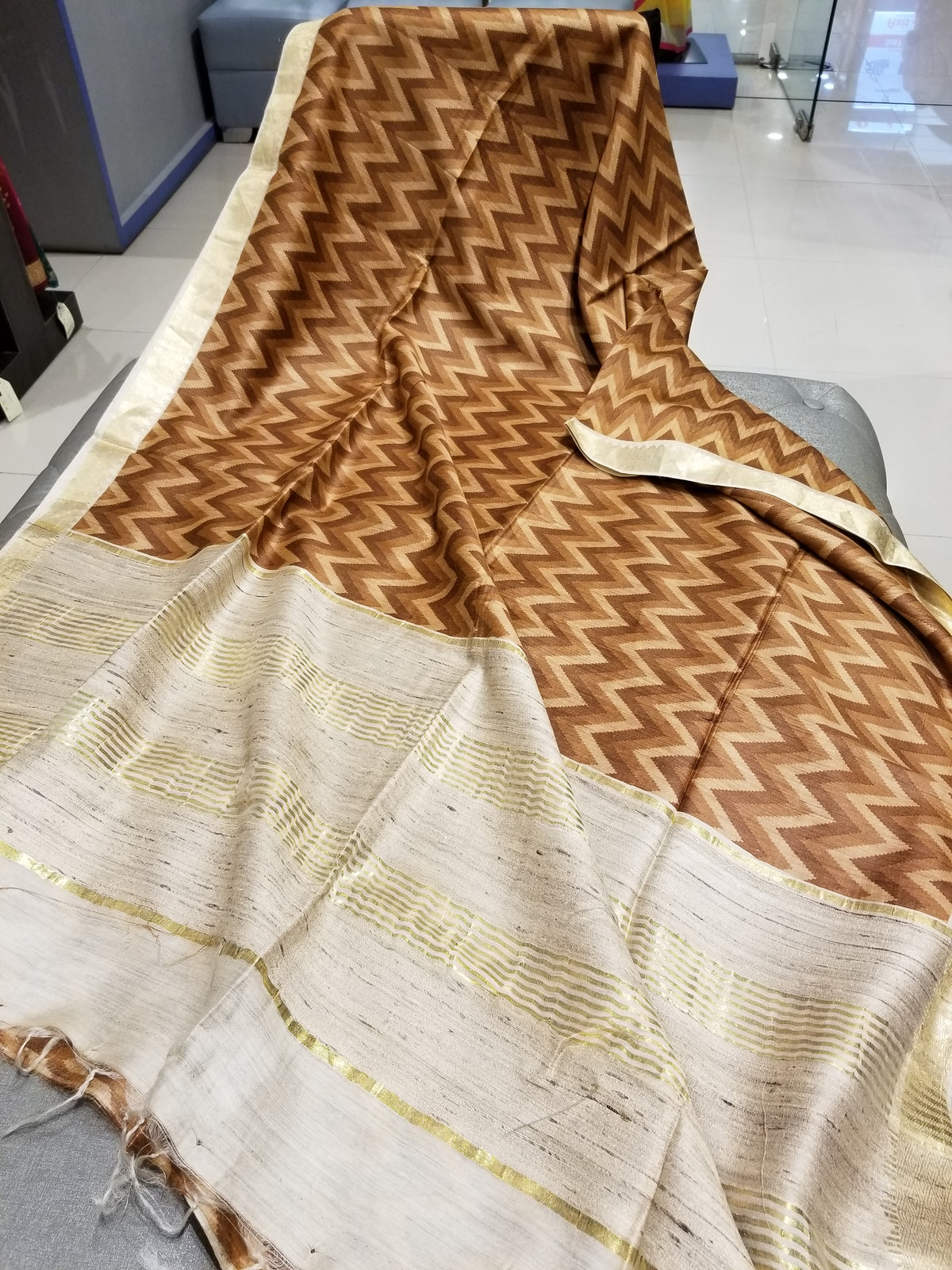 Handwoven Pure Muga Silk Sari in Brown Color with Zig-zag pattern