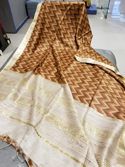 Handwoven Pure Muga Silk Sari in Brown Color with Zig-zag pattern