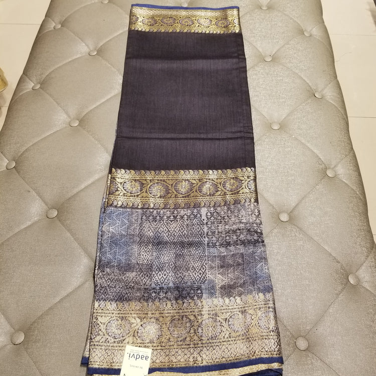 Handwoven Pure Muga Silk Banarasi Sari in Black Color with double border