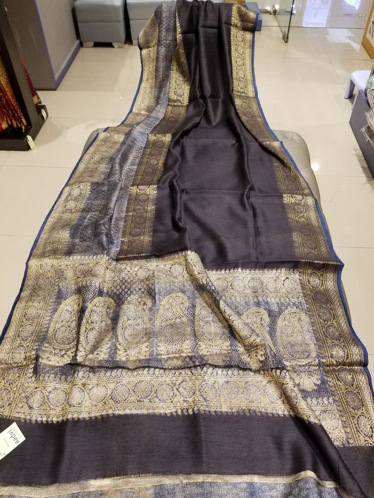 Handwoven Pure Muga Silk Banarasi Sari in Black Color with double border