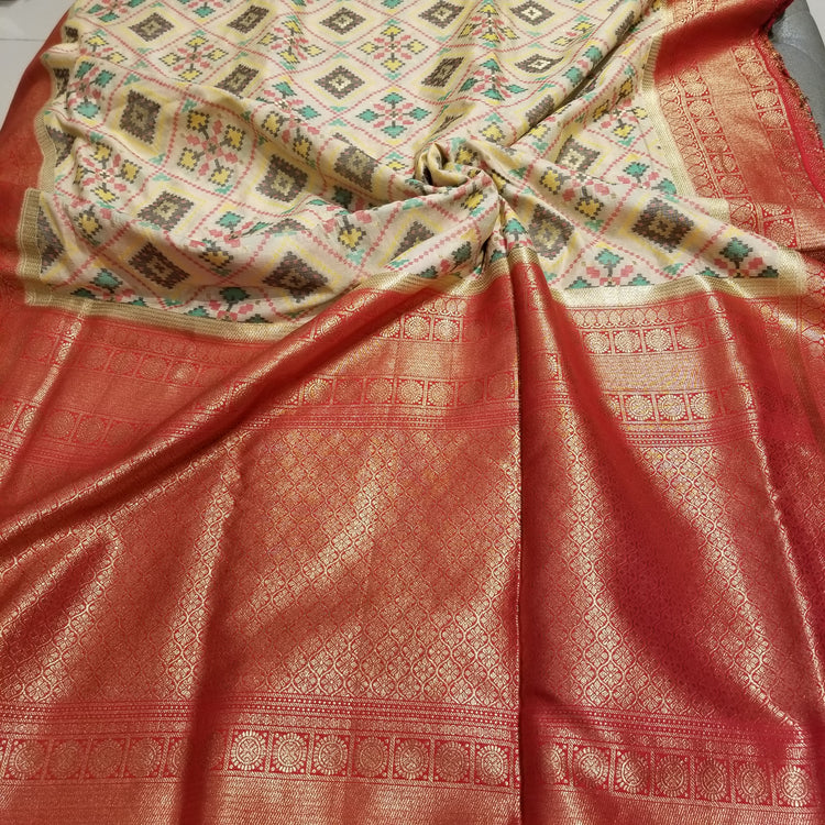 Off-White Double Silk Ikkat Sari with Red Banarasi Pallu and Border